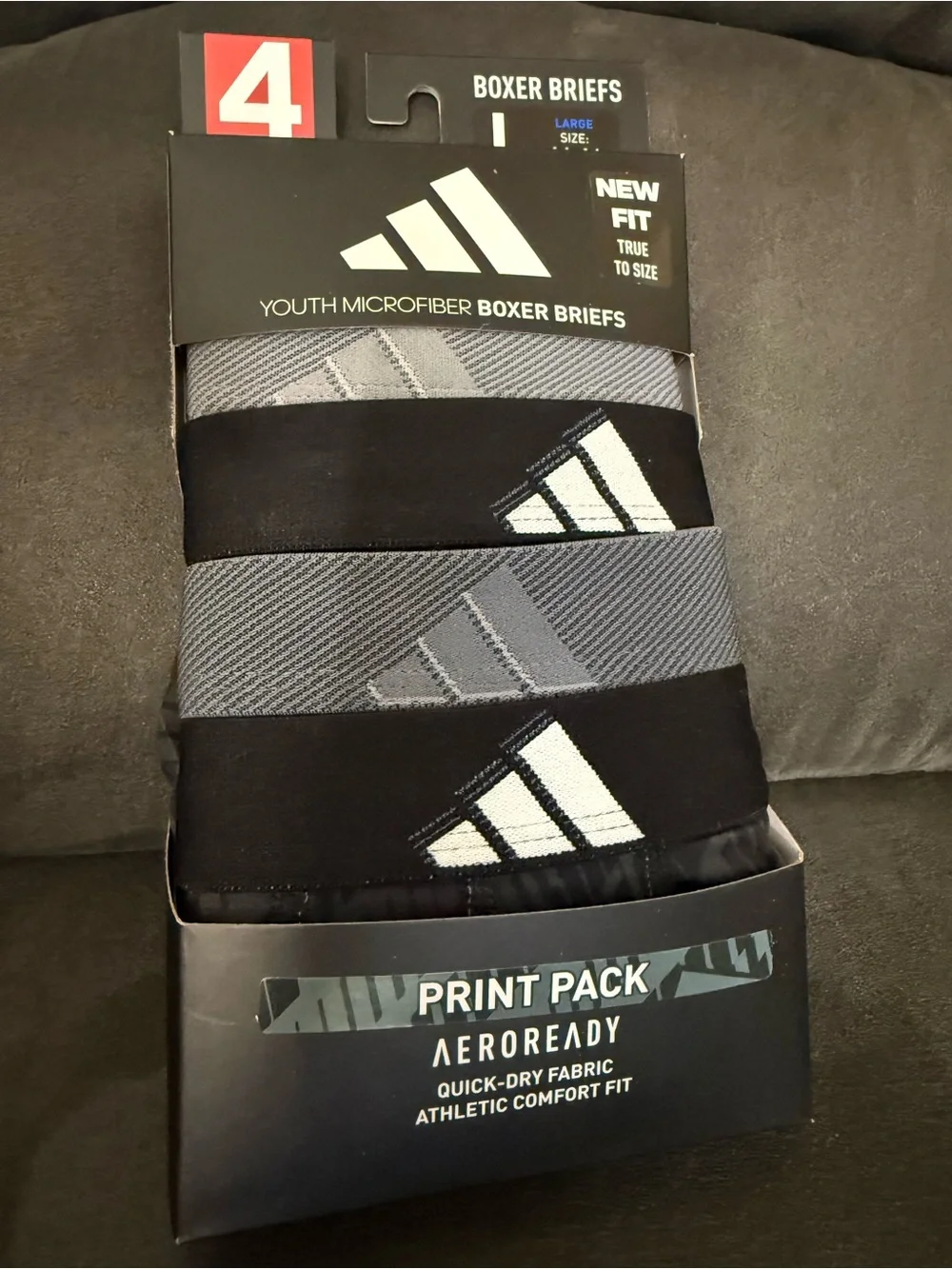 adidas Kids Black and Gray Boxer Briefs 4-Pack